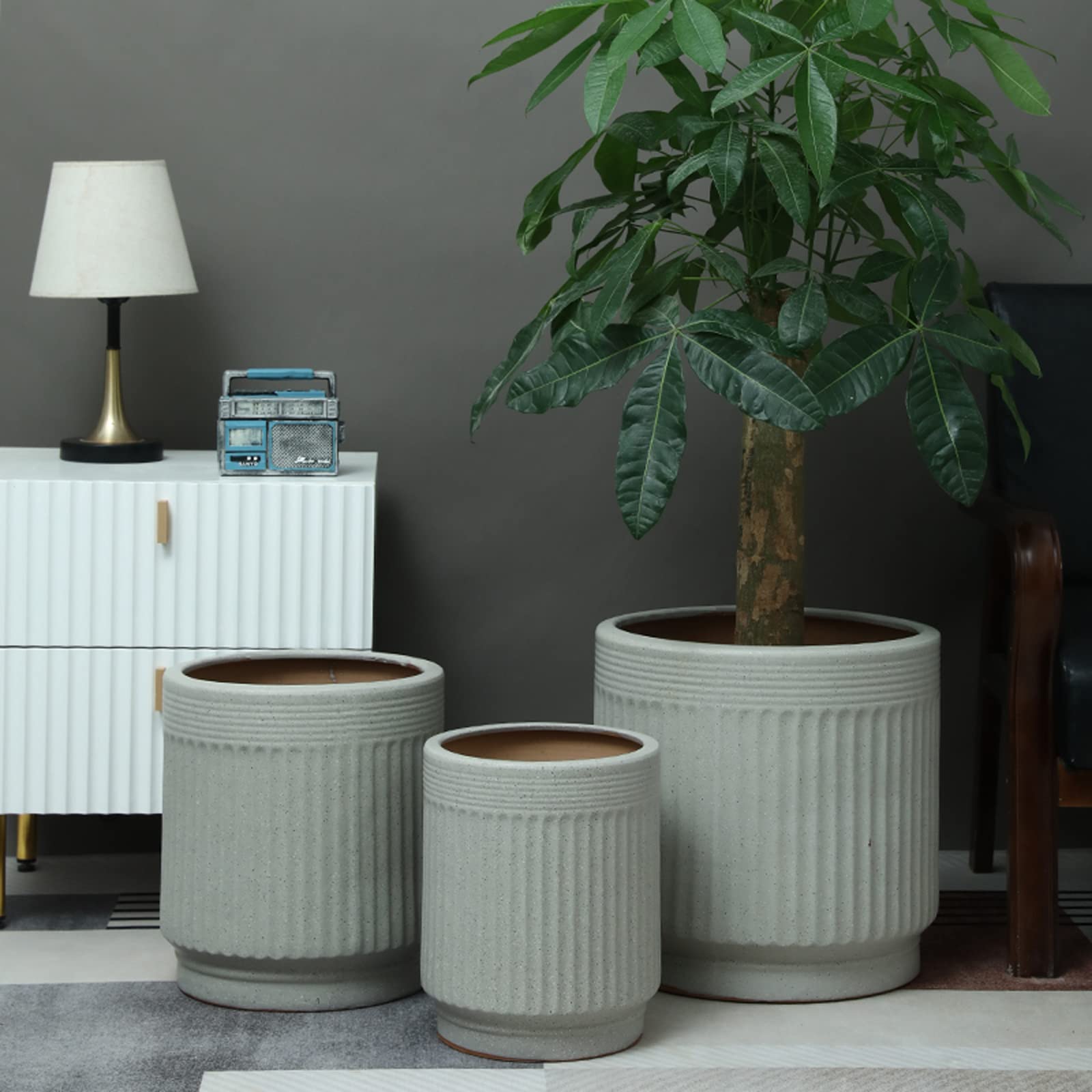 Vasi da Giardino Vasi cilindrici per Piante in Ceramica, fioriere a Strisce Verticali Vasi per Piante per Interni Esterni con Foro di drenaggio e Vassoio in plastica