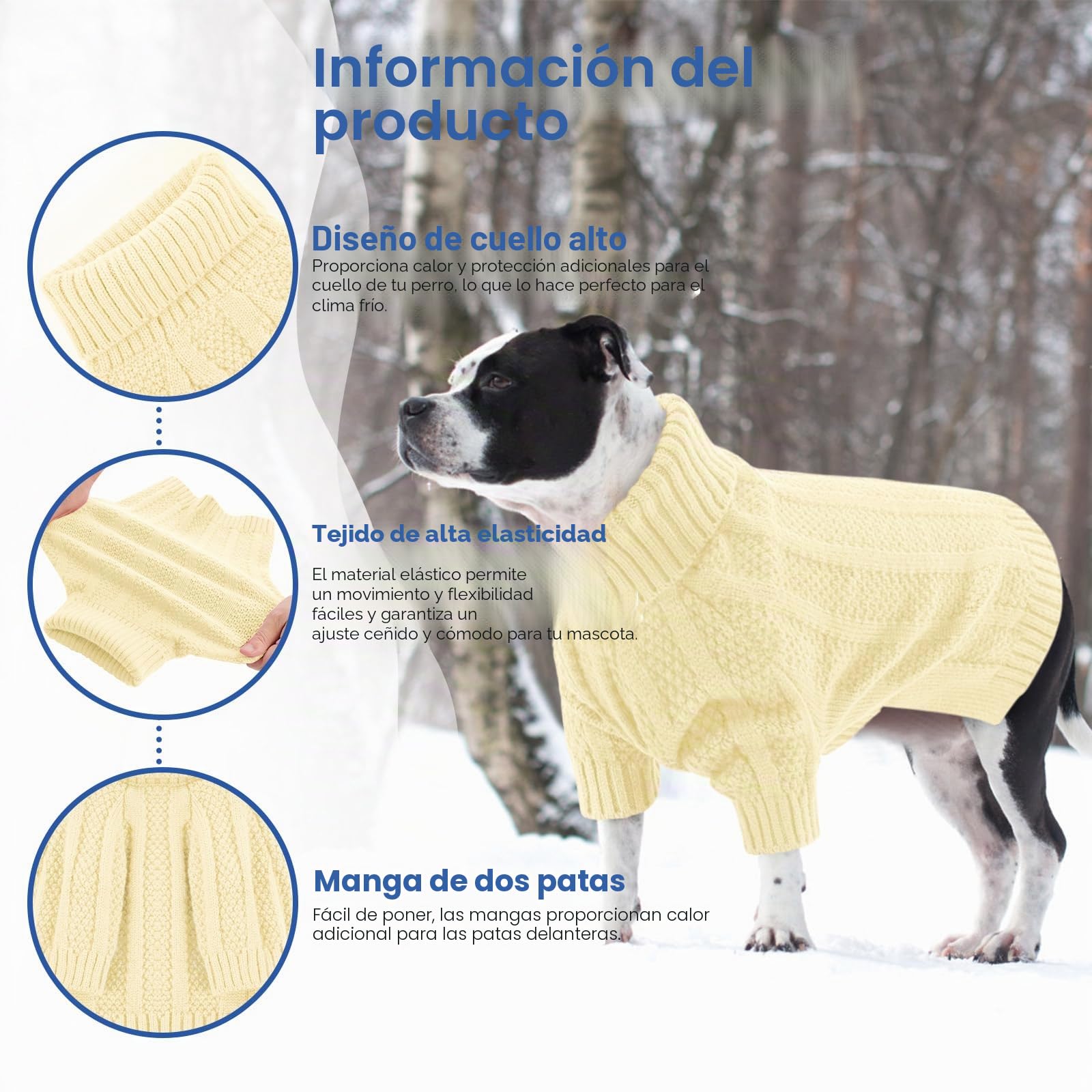 Queenmore Jersey Perro XL, Cuello Alto Manga Larga para Labrador, Golden Retriever, Border Collie, Ropa de Invierno Interior/Exterior (Marfil, XL)