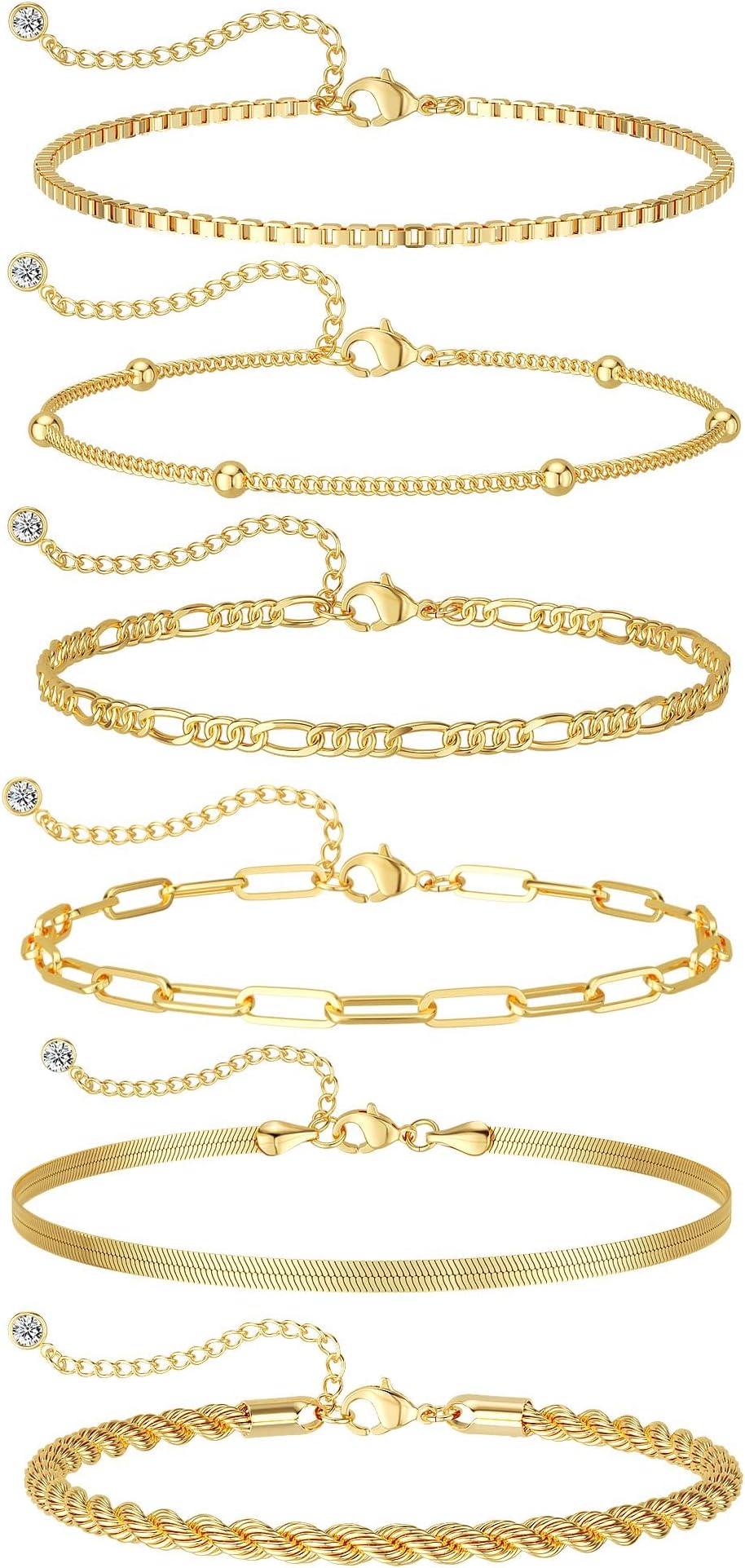 Dainty Silver Plated Bracelets for Women Trendy, Silver Jewelry Set for Women Bracelets for Women Paperclip Box Herringbone Figaro Rope Chain Bracelet Fashion Pack Gifts for Women