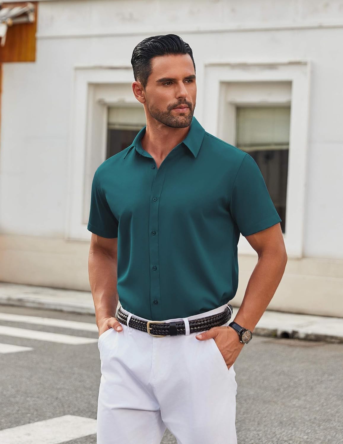 COOFANDY Men's Stretch Dress Shirts Short Sleeve Wrinkle Free Casual Button Down Shirts Teal Small image 6 of 6 B0DJ6YDBYB