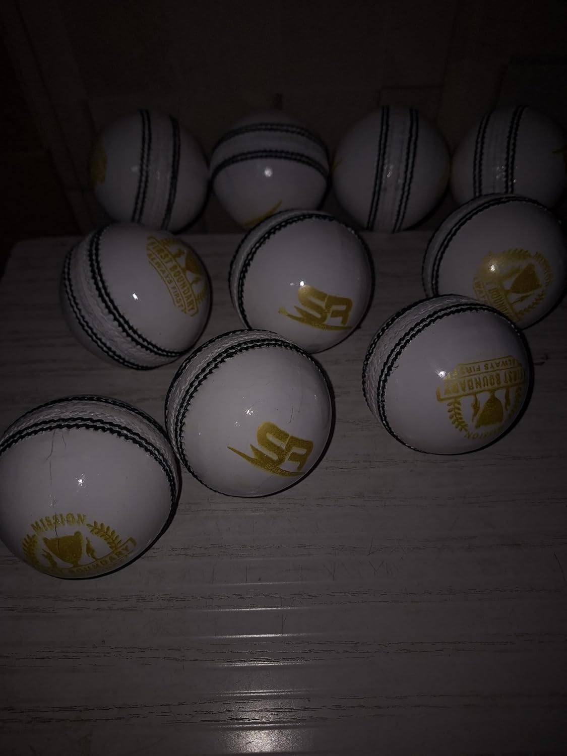 Professional White Cricket Balls with Gold Stamping, Leather Match Quality, Dark Green Seam 50 Over Pack of 6