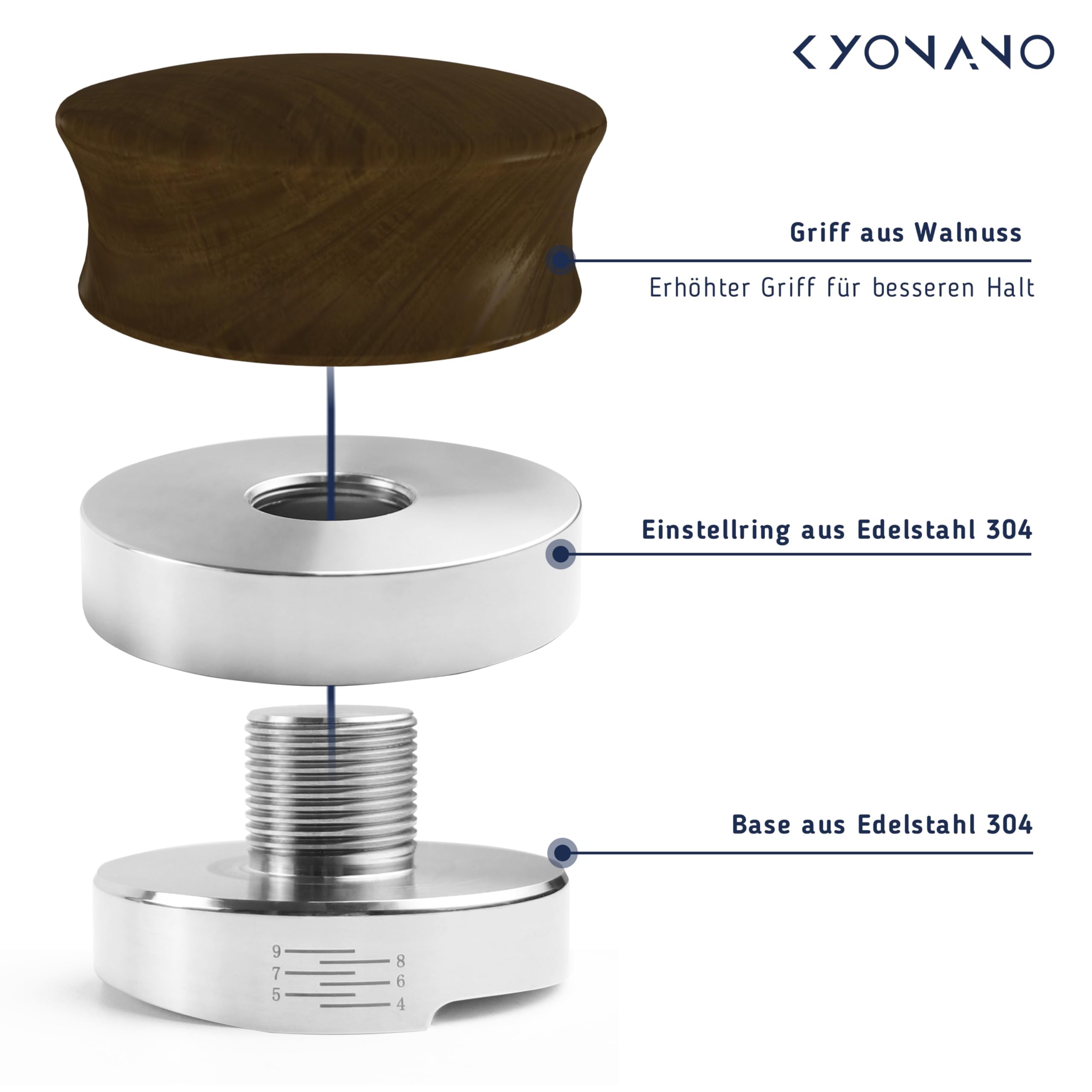 KYONANO Distributeur 53,3 mm in hoogte verstelbaar, koffiepoederverdeler van premium roestvrij staal en walnoothout, koffienivelleringstool voor perfecte extractie koffieverdeler met instelbare hoogte