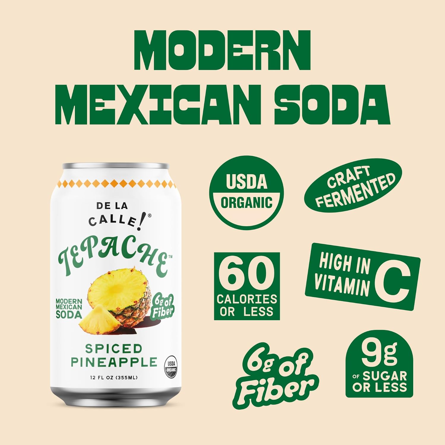 De La Calle Tepache - Pineapple Spice - Modern Mexican Soda - Craft Fermented Pineapple Sparkling Beverage - Certified Organic, Antioxidant Rich, Non-Alcoholic, Healthy Soda, Low Sugar, Low Calorie, Non-GMO