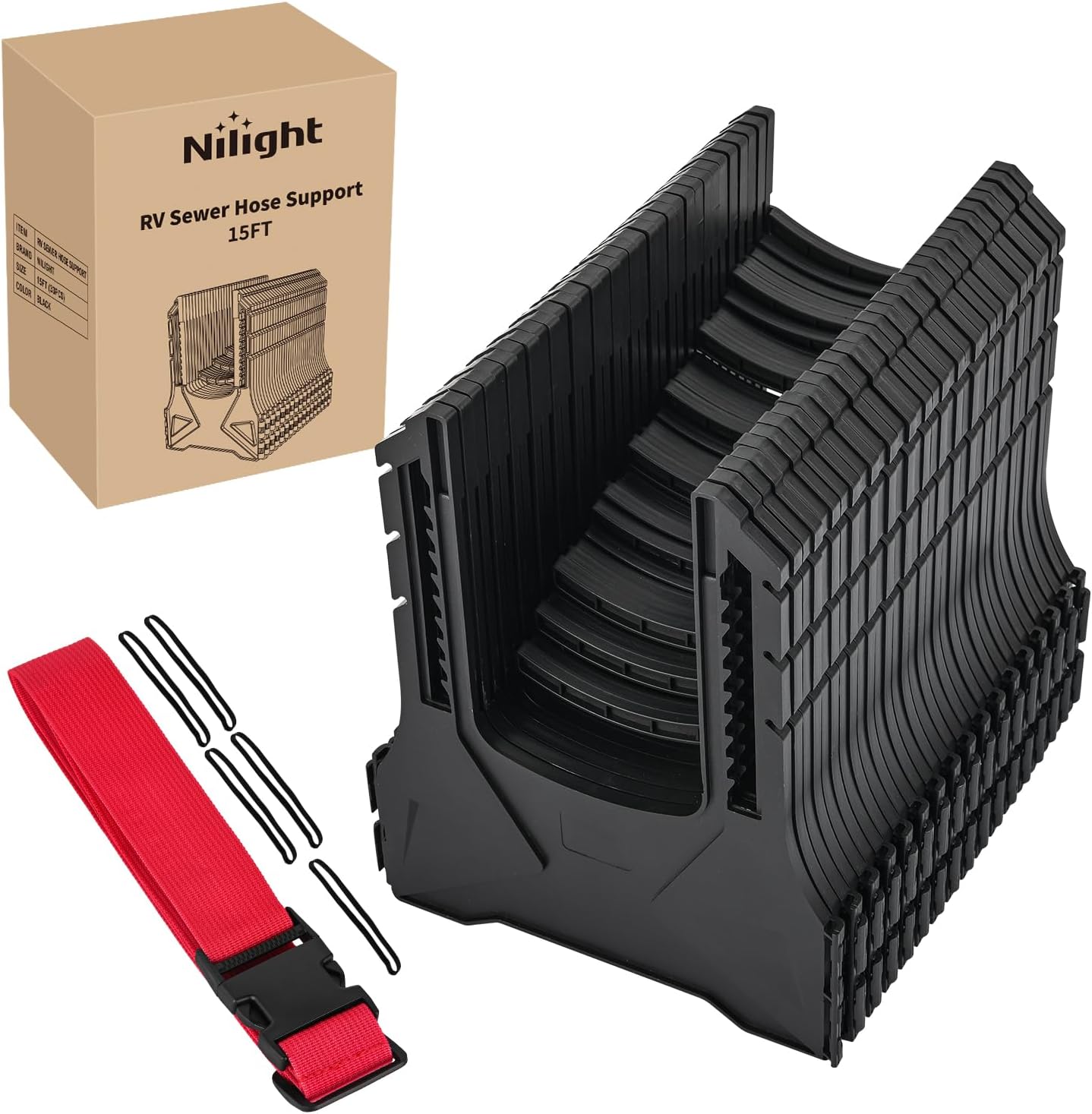 Nilight RV Sewer Hose Support 15Ft, Telescoping Design Avoid Obstacles and Height Adjustable for Camper Drainage, Easy to Set Up, Stable Deep U Shape Cradles Secure with Strap and Rubber Bands, Black