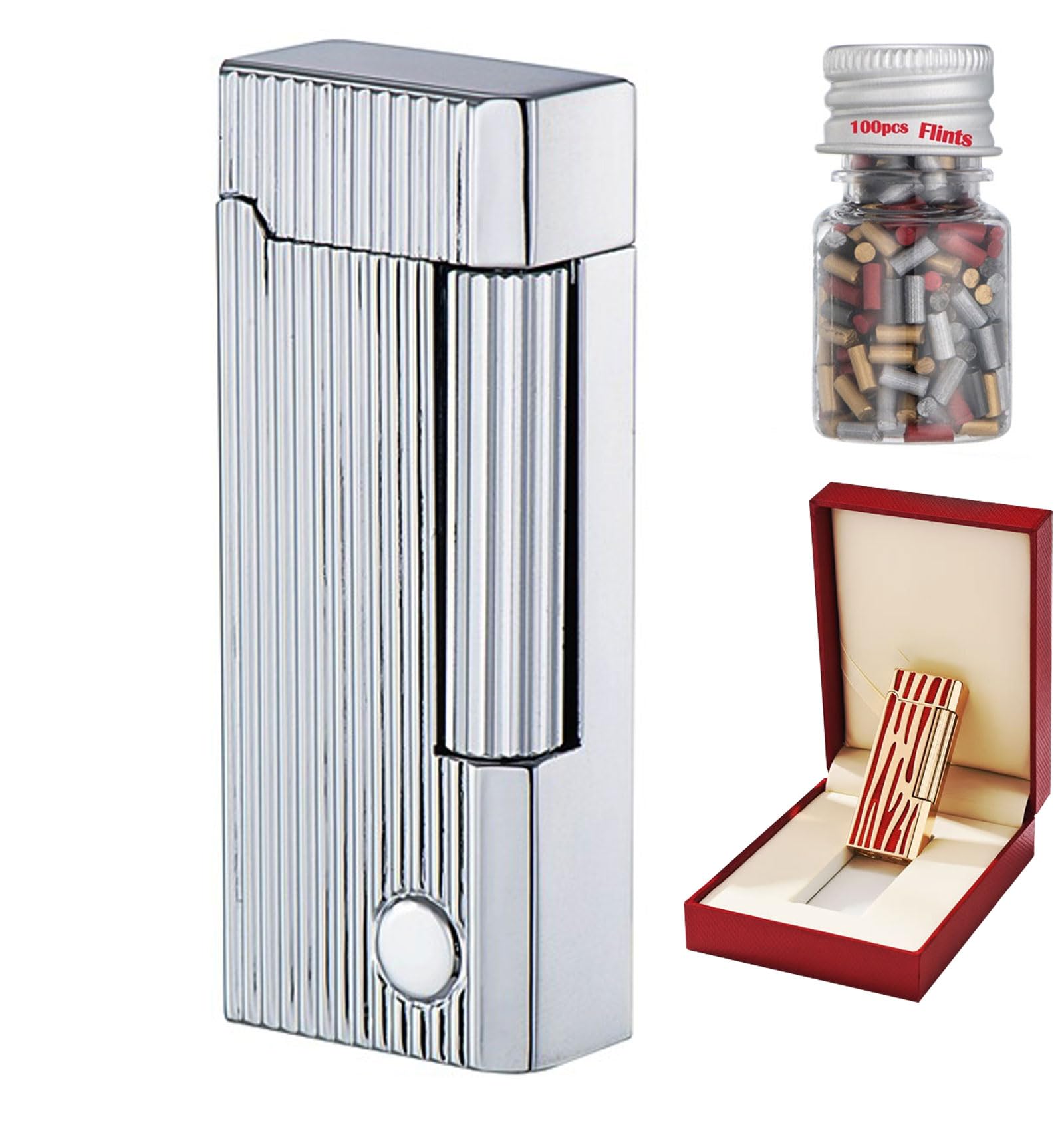 Briquet rechargeable butane avec 100 pierres à feu en métal style traditionnel Modèle E