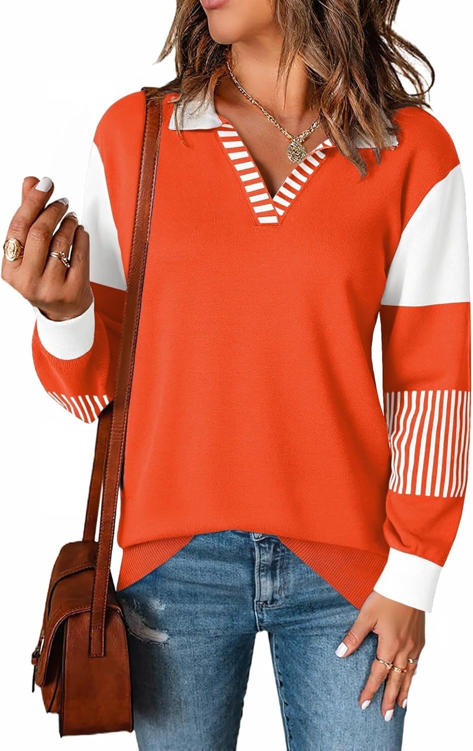LOMON V Neck Long Sleeve Loose Sweaters Color Block Striped Knitted Pullover Jumper Tops