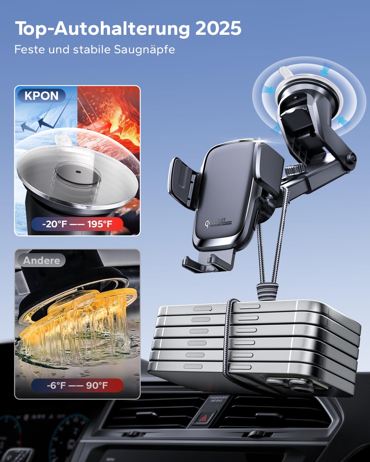 KPON 15W Qi Handyhalterung Auto mit Ladefunktion, Induktive Ladestation Auto mit Sauger & Clip, Automatische Klemmung Kfz Wireless Charger für iPhone 17/16/15/14/13, Samsung (Ohne Zigarettenanzünder)
