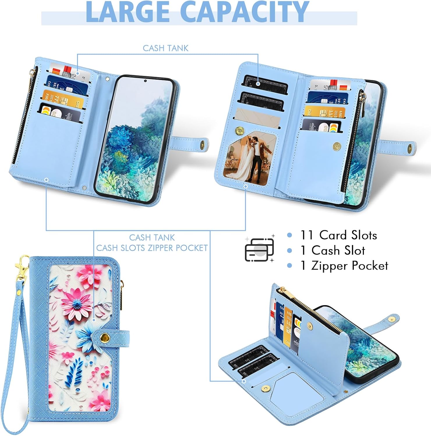 Floral Wallet Case for Samsung Galaxy S20 Plus S20+ 5G with Wrist Strap Shoulder Strap Zipper Purse, PU Leather Card Holder Stand Phone Cover for BBS20+5G S20plus 20S + S2O S 20 20+ G5B Blue