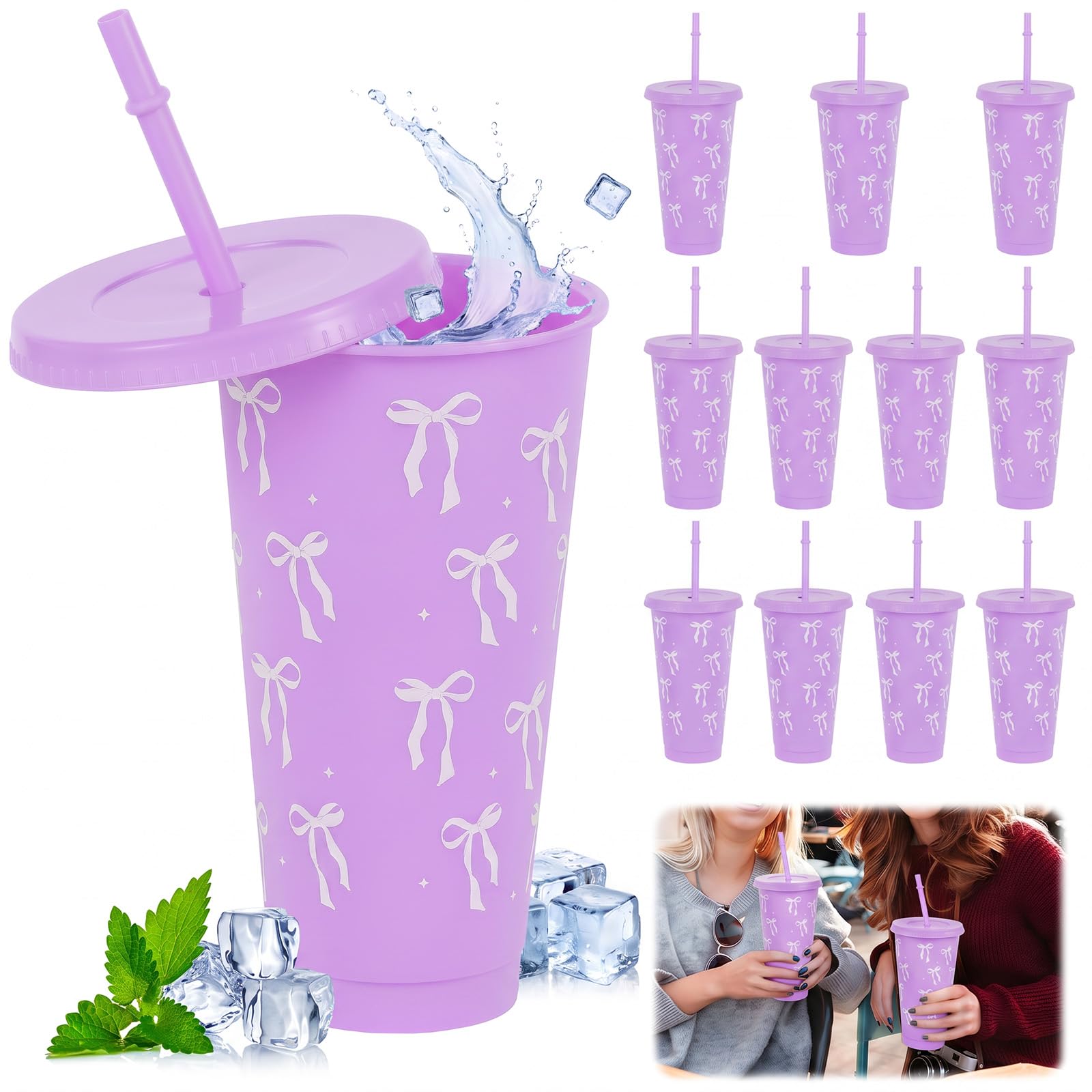 12 Pcs Plastic Bow Cups with Lids and Straws, 24 oz Reusable Cups(Purple)