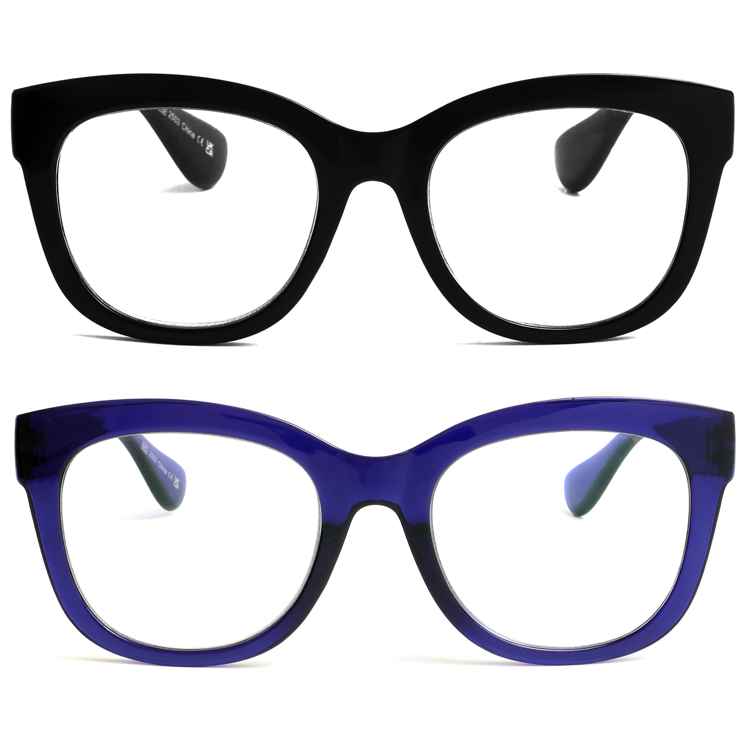 OPULIZE BIG Blue Light Blocking Reading Glasses - Bold Round Fashion Frame - Anti-Glare Anti-Reflective - 2 Pack - UV & Eyestrain Protection - Black Indigo Blue - Mens Womens +2.50