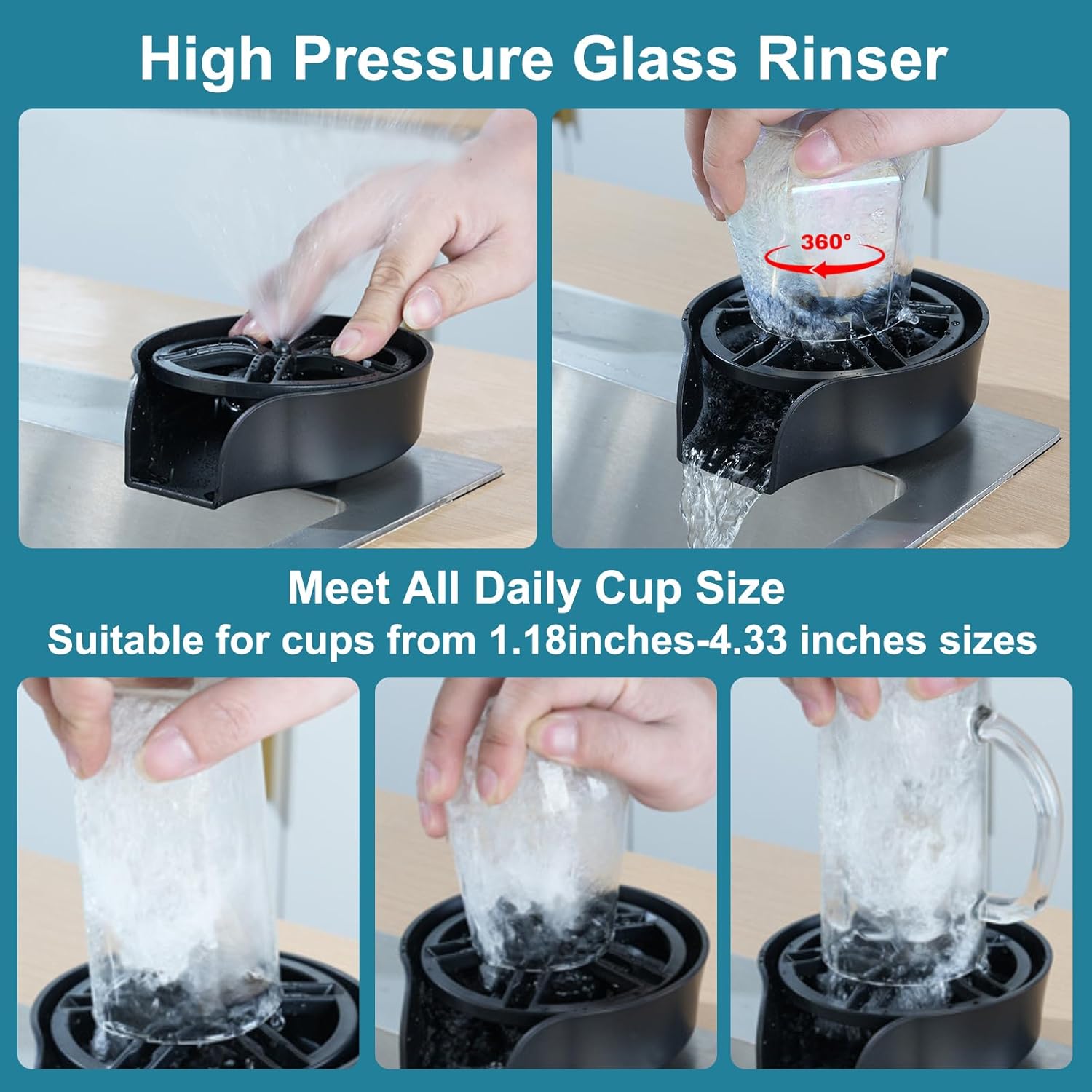 Glass Rinser for Kitchen Sink Glass Rinser with Pull-Out Spray High Pressure 360° Rotating Faucet Glass Rinser Cup Cleaner Bottle Washer for Bar Cafe Sink