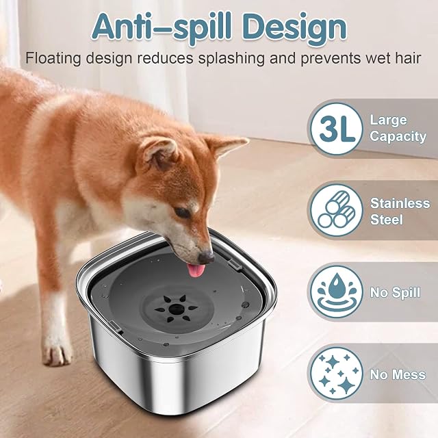 Foto 5 de 7 de UPSKY Cuenco de Agua para Perros de 3 L, de Acero Inoxidable, sin derrames, Gran Capacidad