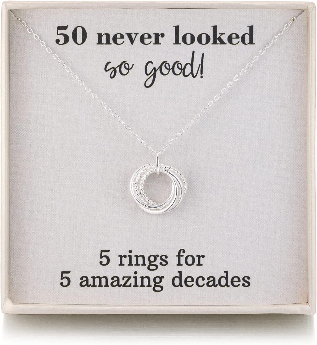 RareLove 50th Birthday Gifts For Women,925 Sterling Silver 5 Rings Necklace 50 Birthday Best Friend Gift,Birthday Gifts for Her Wife,Five Rings for Five Decades Jewellery