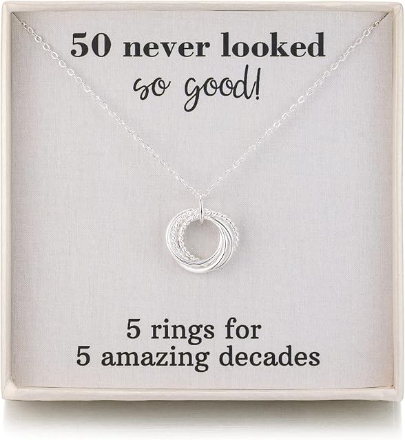 RareLove 50th Birthday Gifts for Women,925 Sterling Silver 5 Rings Necklace 50 Birthday, Birthday Gifts for Her Wife,Five Rings for Five Decades Jewellery
