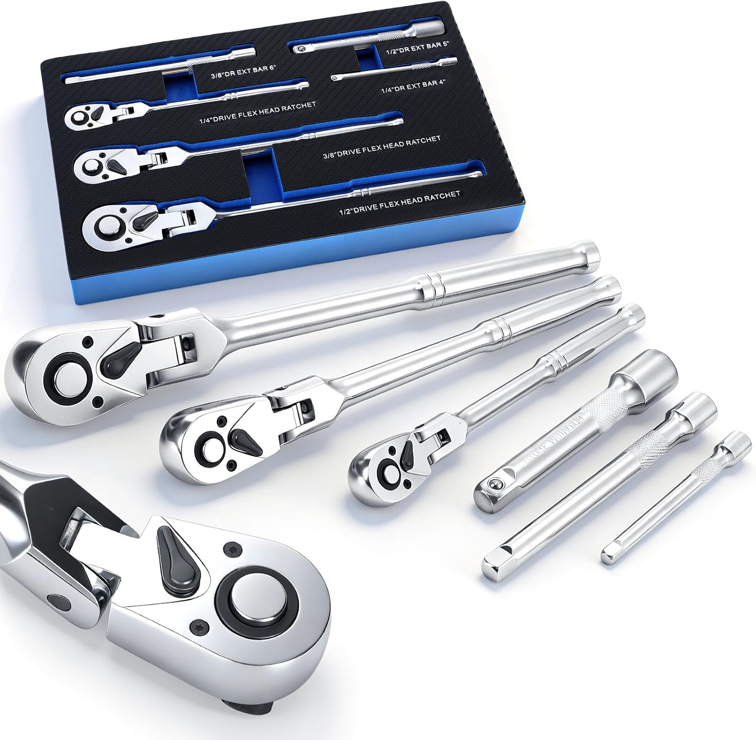 6-Piece Flex Head Ratchet Set, 1/4", 3/8", 1/2" Drive Socket Wrench, Swivel Head Ratchet with Extension Bar, 72 Tooth, Quick-Release & Reversible Switch, with EVA Foam for Auto & DIY Repair