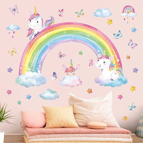 Miniatura 7 de decalmile Calcomanías de pared de arco iris, diseño de hada de mariposa, color rosa, calcomanías de pared para dormitorio de niñas, guardería, sala
