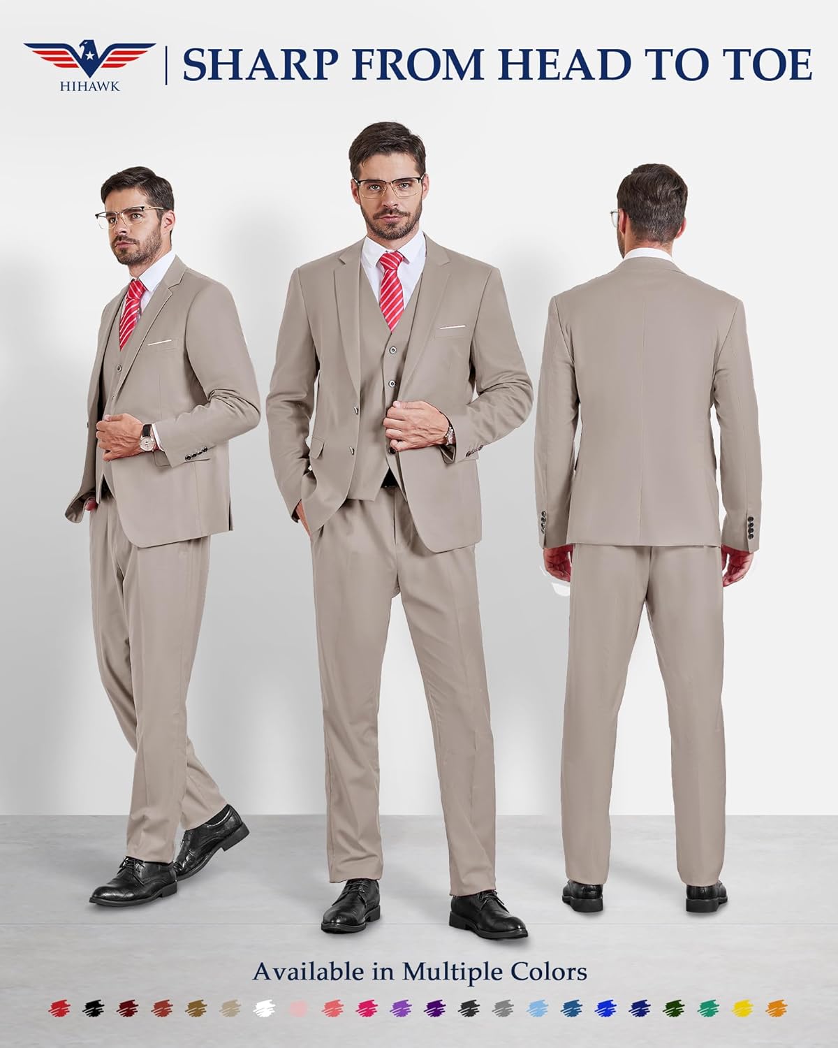 Hihawk Men’s 3 Pieces Suit, Slim Fit Tuxedo with Two Buttons, Jacket Vest Pants & Tie Set for Party, Wedding and Business - Image 2