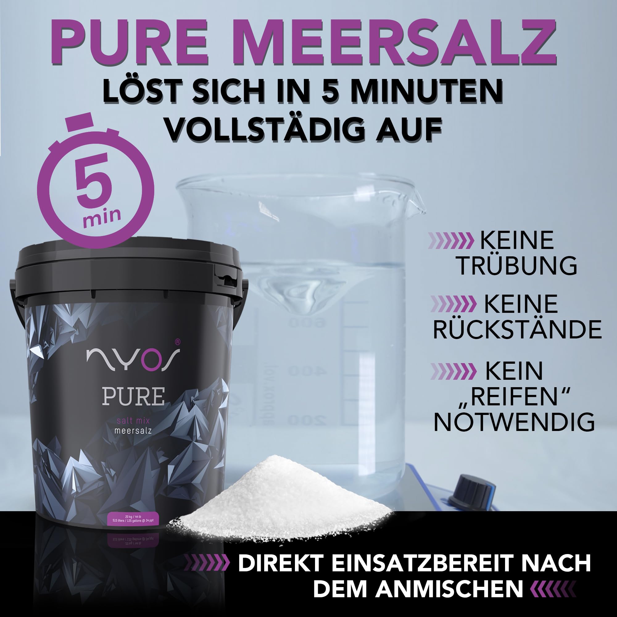 NYOS Pure Meersalz für Meerwasseraquarien - Fördert Korallenfarbe & Wachstum, Schnell löslich, ICP-geprüft, Natürliche Reinheit, 20kg Eimer