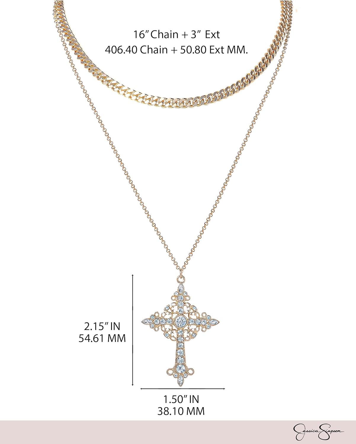 Jessica Simpson Layered Cross Necklace for Women with Crystals, Gold-Tone Layered Necklace with Cross Pendant - Image 4