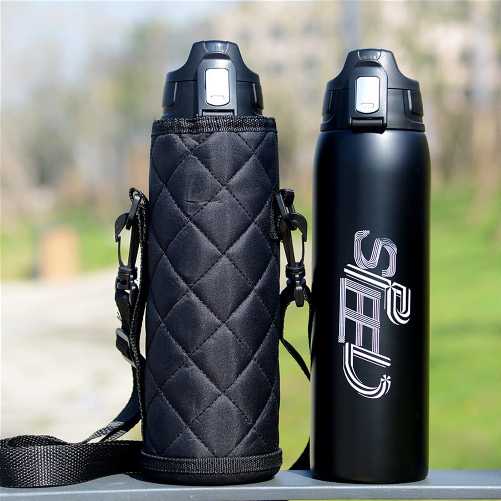 Kubek do kawy YUEKOPOU, podróżny kubek termiczny, 1000 ml/750 ml podwójny sportowy kubek termiczny z torbą kawa i herbata termos kubek podróżny wspinaczka butelka wody termicznej(Black,1000ml)