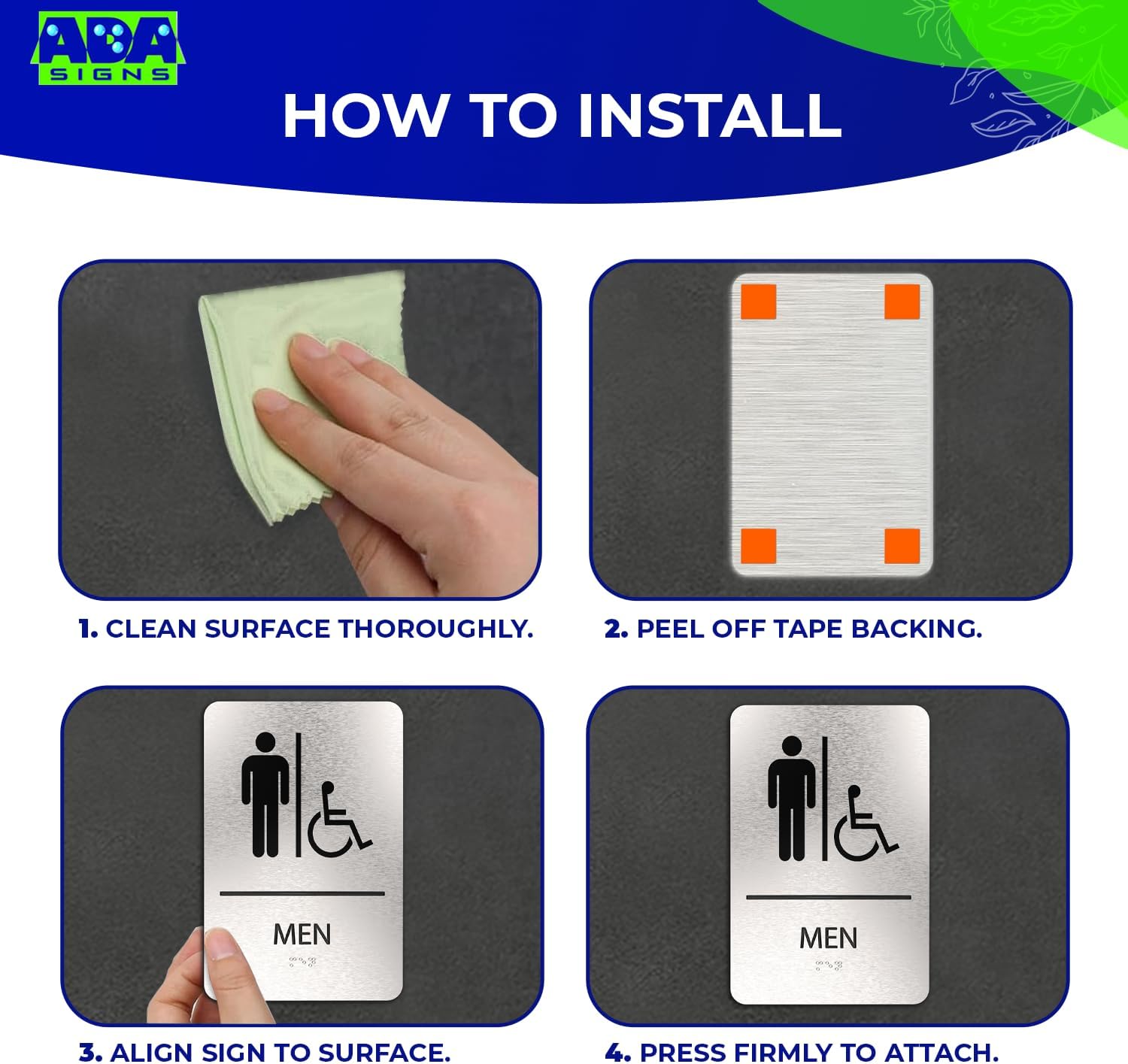 ADASigns Men Restroom Sign – 6" x 9" Durable Brushed Aluminum with Braille – Easy Installation with Strong Adhesive Tape – Weatherproof, ADA Compliant Bathroom Sign for Home, Office, & Business