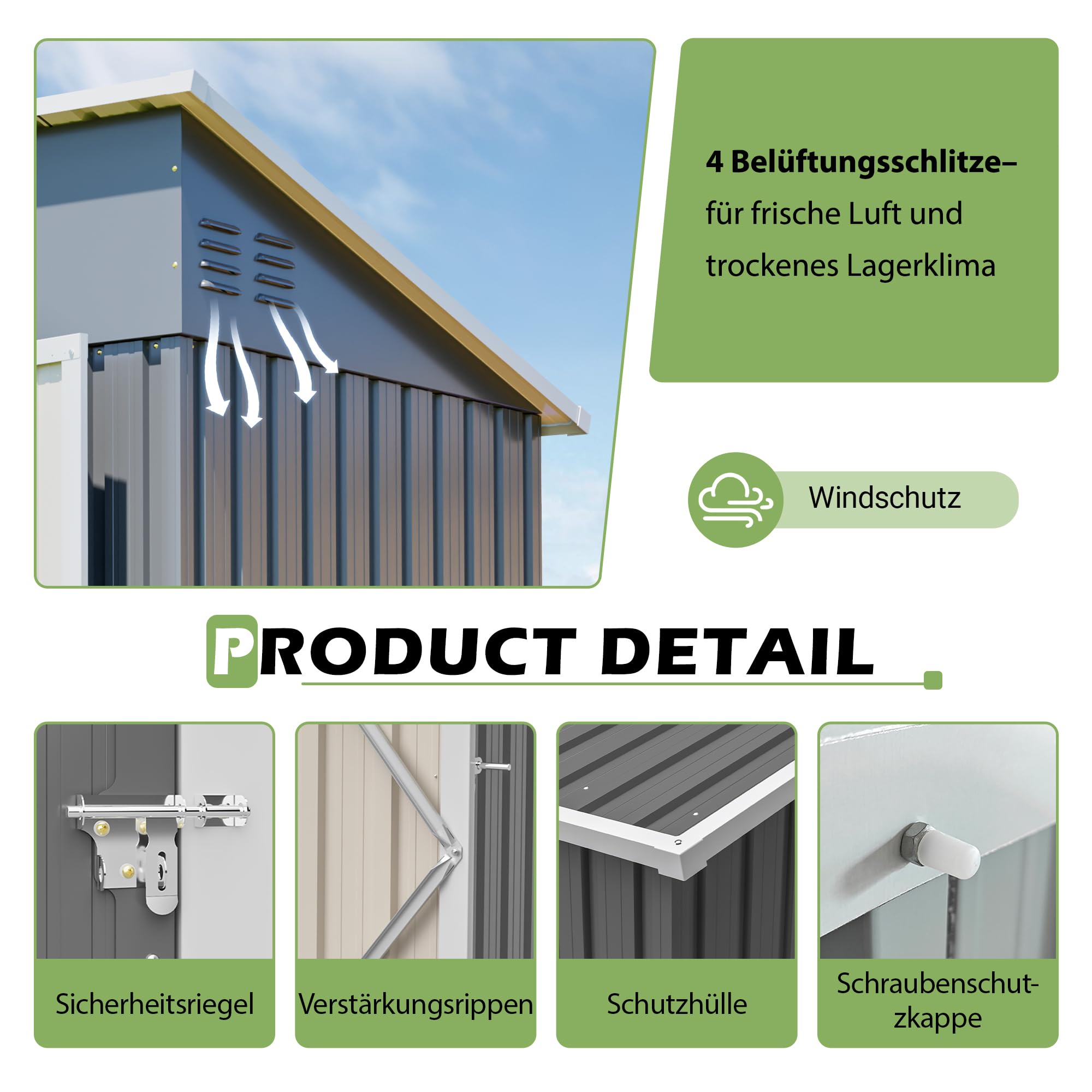Metall Gartenschuppen 242x120x192 cm, Grau – mit 3 Türen & 2 Schlössern