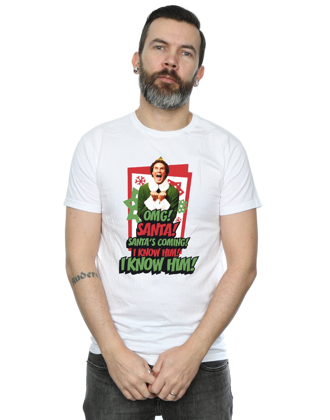 Absolute Cult Men's White Elf Omg Santa T-Shirt Large
