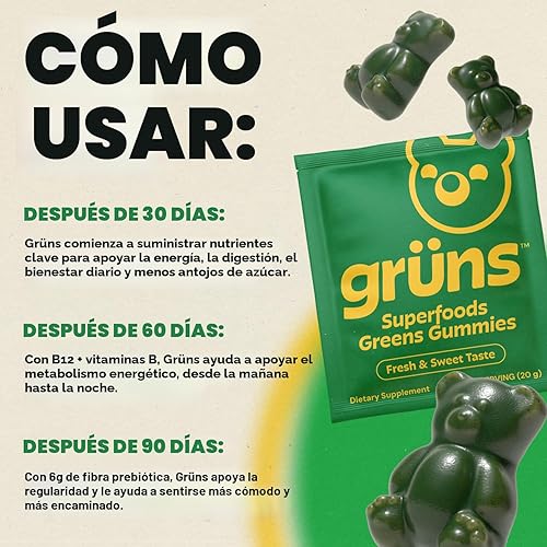 Miniatura 4 de Gruns - Gomitas multivitamínicas Super Greens para adultos, superalimento de vitaminas con espirulina, clorella, fibra prebiótica para la salud
