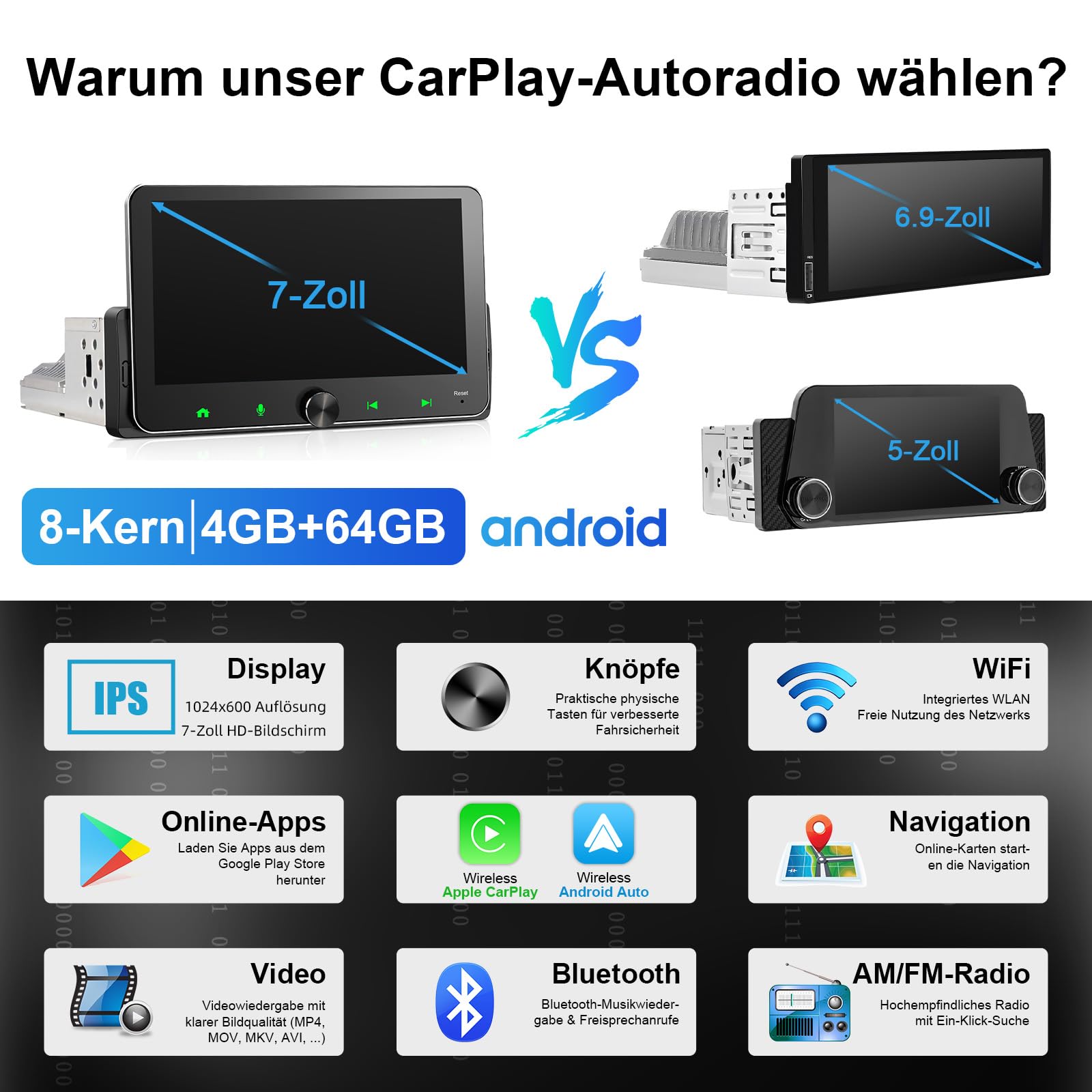 Android Autoradio 1Din Wireless CarPlay Wireless Android Auto Radio mit Bildschirm 7 Zoll 4G+64G 8-Core Car Play Touch Display mit Bluetooth FM/AM RDS WiFi GPS Navi SWC EQ 1 Din