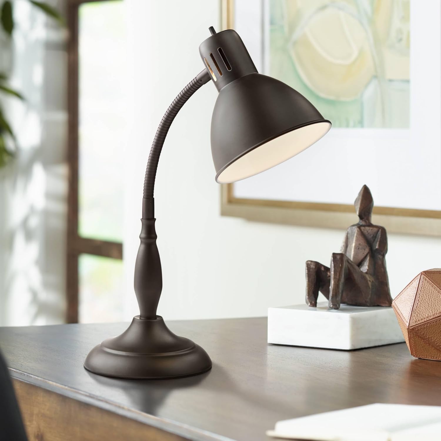 360 Lighting Breck 17" High Small Traditional Desk Lamps Set of 2 Gooseneck Arm Brown Dark Bronze Finish Metal Shade Home Office Living Room Bedroom Bedside Nightstand House Reading Kitchen