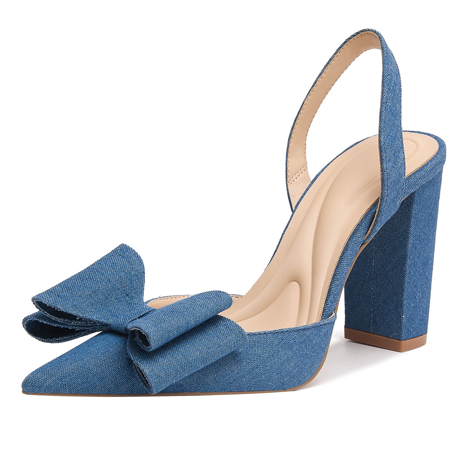 GOSERCEDenim Chunky Heels Sandals for Women with Blue Bow Slingback Closed  Pointed Toe Slip On High Heels Comfortable Dress Heeled Shoes Party