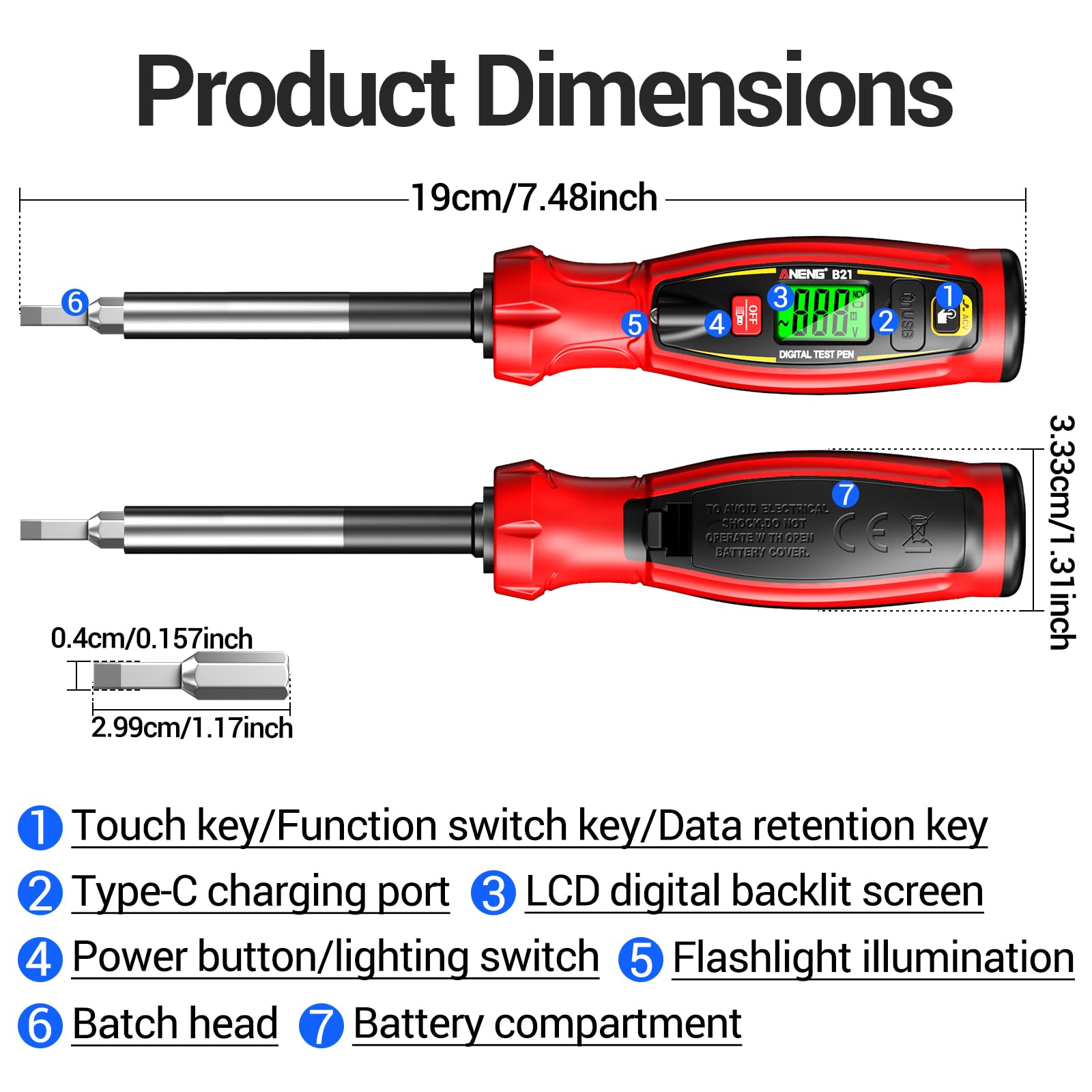 Digital Voltage Tester Pen, Non Contact Voltage Testing Pen Rechargeable AC Voltage 30V -1000V NCV Detection Replaceable 10 in 1 Batch Heads with LED Light (RED) — Amazon image 5