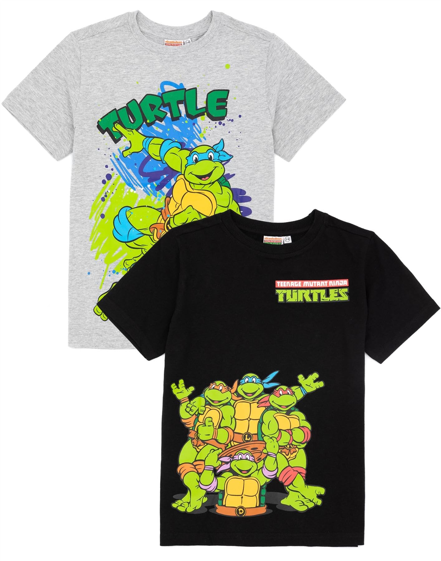 Teenage Mutant Ninja Boys Multicoloured Turtles T-Shirt 2 Pack Kids | Girls Fighting Reptiles Leonardo Michelangelo Donatello Raphael Black And Grey Top