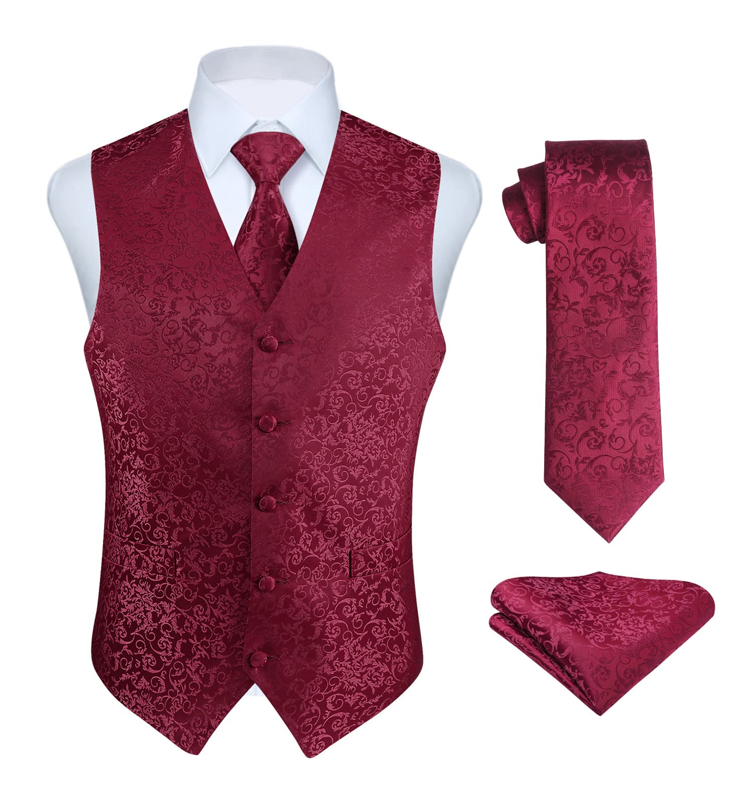 HISDERN Mens Vest Tie Set 3PC Formal Waistcoat Paisley Floral Jacquard Necktie Pocket Square Suit Vests Wedding Party