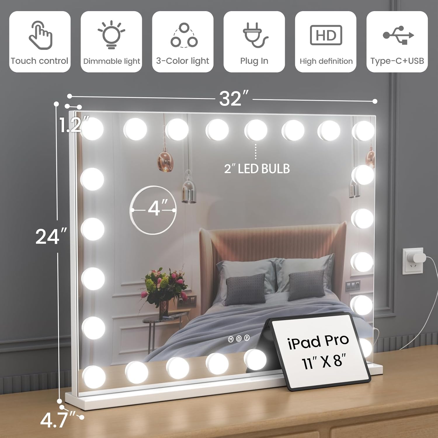 Vanity Mirror with Lights, 32"x 24" Large Hollywood Vanity Mirror with Detachable 10X Magnification & 24 Dimmable 3 Colors Modes LED Bulbs, Tabletop or Wall Mounted,White