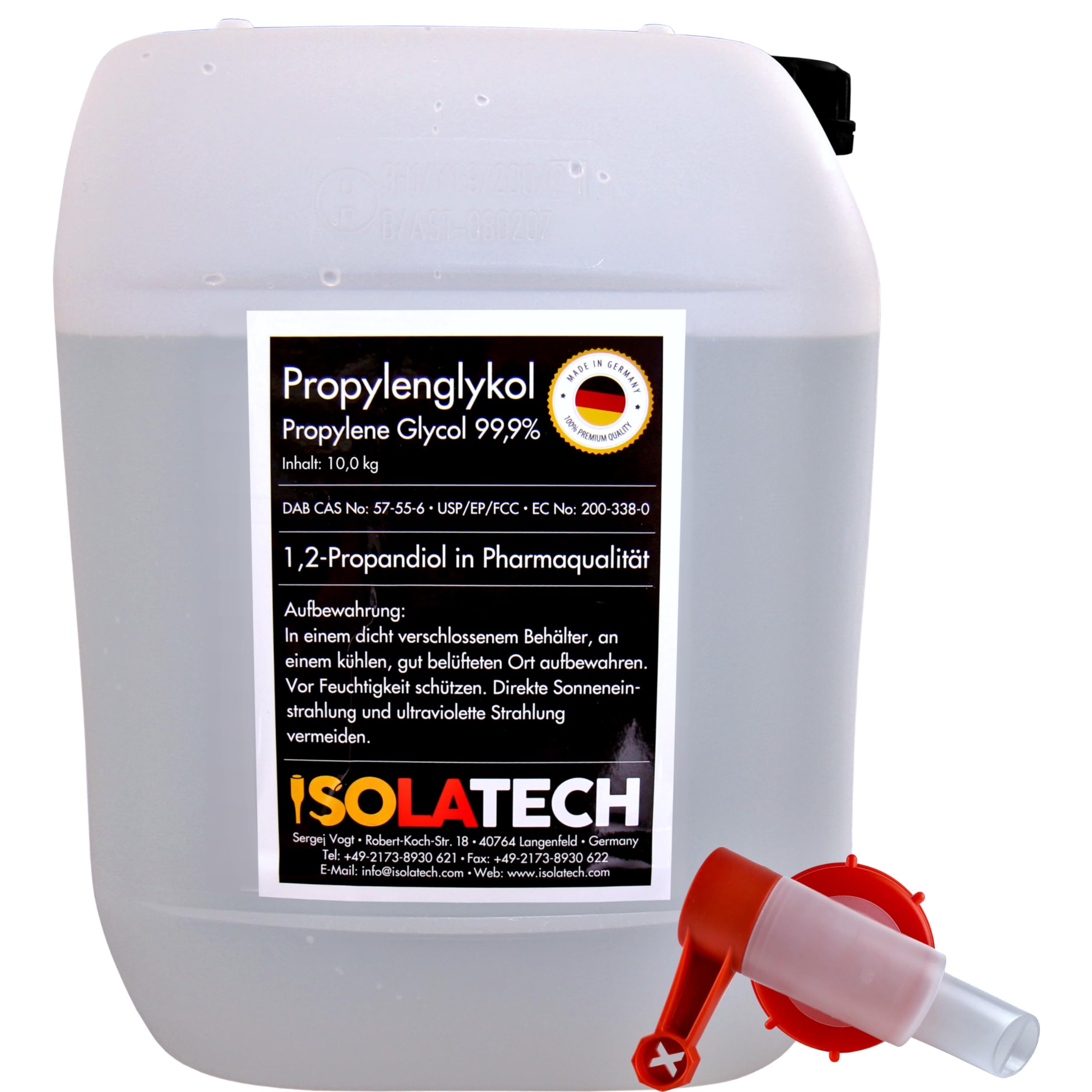 ISOLATECH Propylenglykol 10L 99,9% in Pharmaqualität | Für Lebensmittel & Kosmetik | Farblos, Geruchlos | 1,2 Propandiol im Kanister | Mit SABEU Fluxx Auslaufhahn | Made in Germany