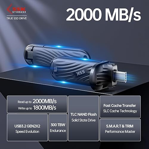 Miniatura 2 de SSK Unidad externa SSD USB C de 1 TB, hasta 2000 MBs, unidades de estado sólido externas USB 3.2 Gen 2X2, SSD portátil Stick de potencia ultrabaja