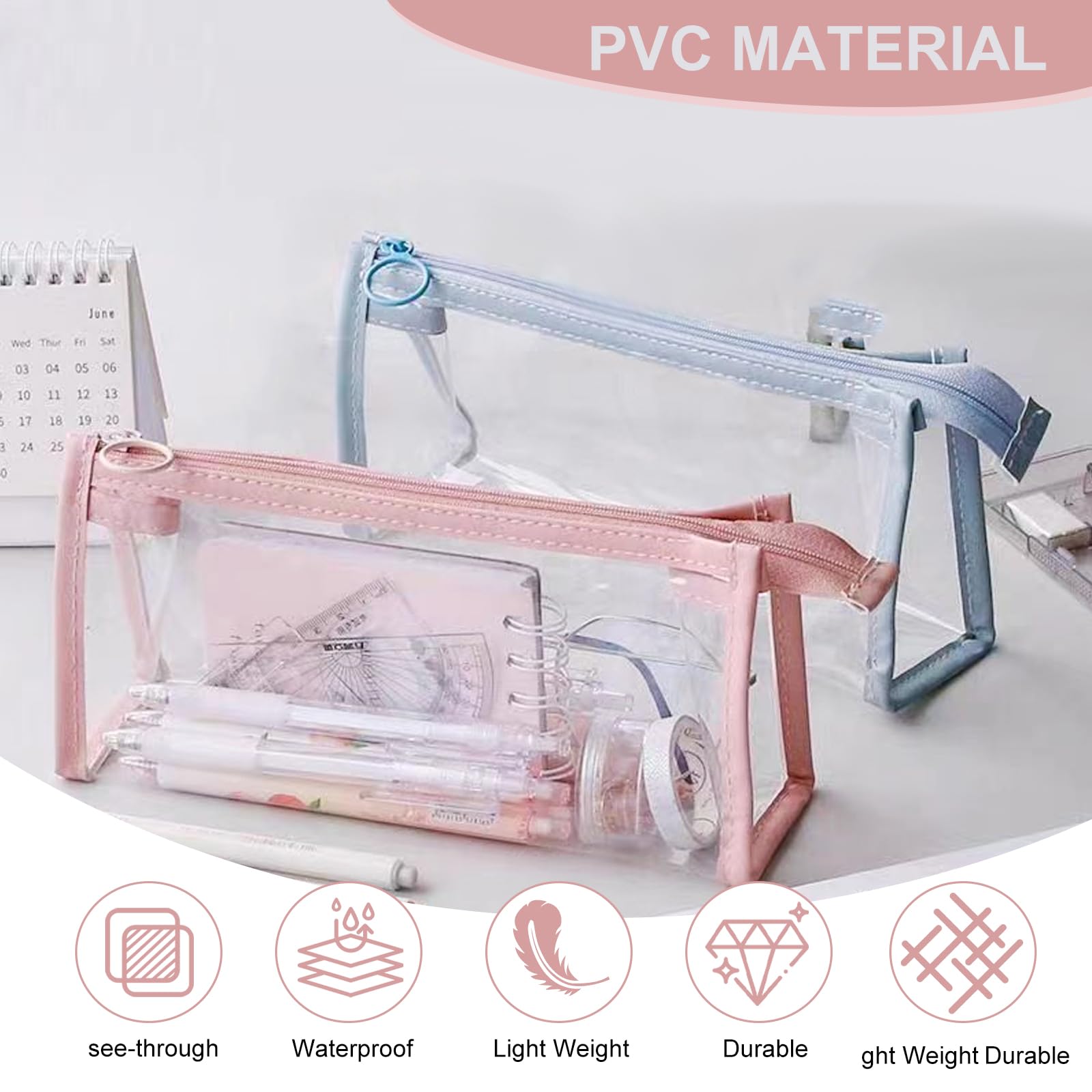 SJDOFU 3 PCS Transparent Pencil Case, Waterproof PVC See Through Pen Cases, Large Capacity, Pink, Blue, White - Image 4