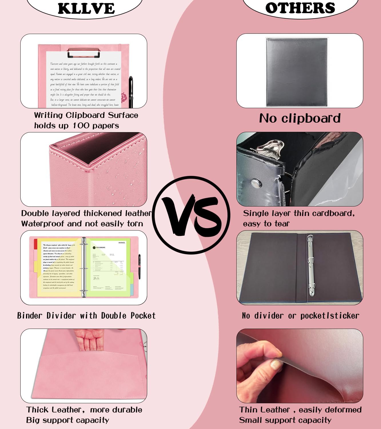 Classeur à 3 anneaux en cuir de 2,5 cm, avec porte-pinces, classeur KLLVE à trois anneaux avec porte-stylo (rose, format lettre)