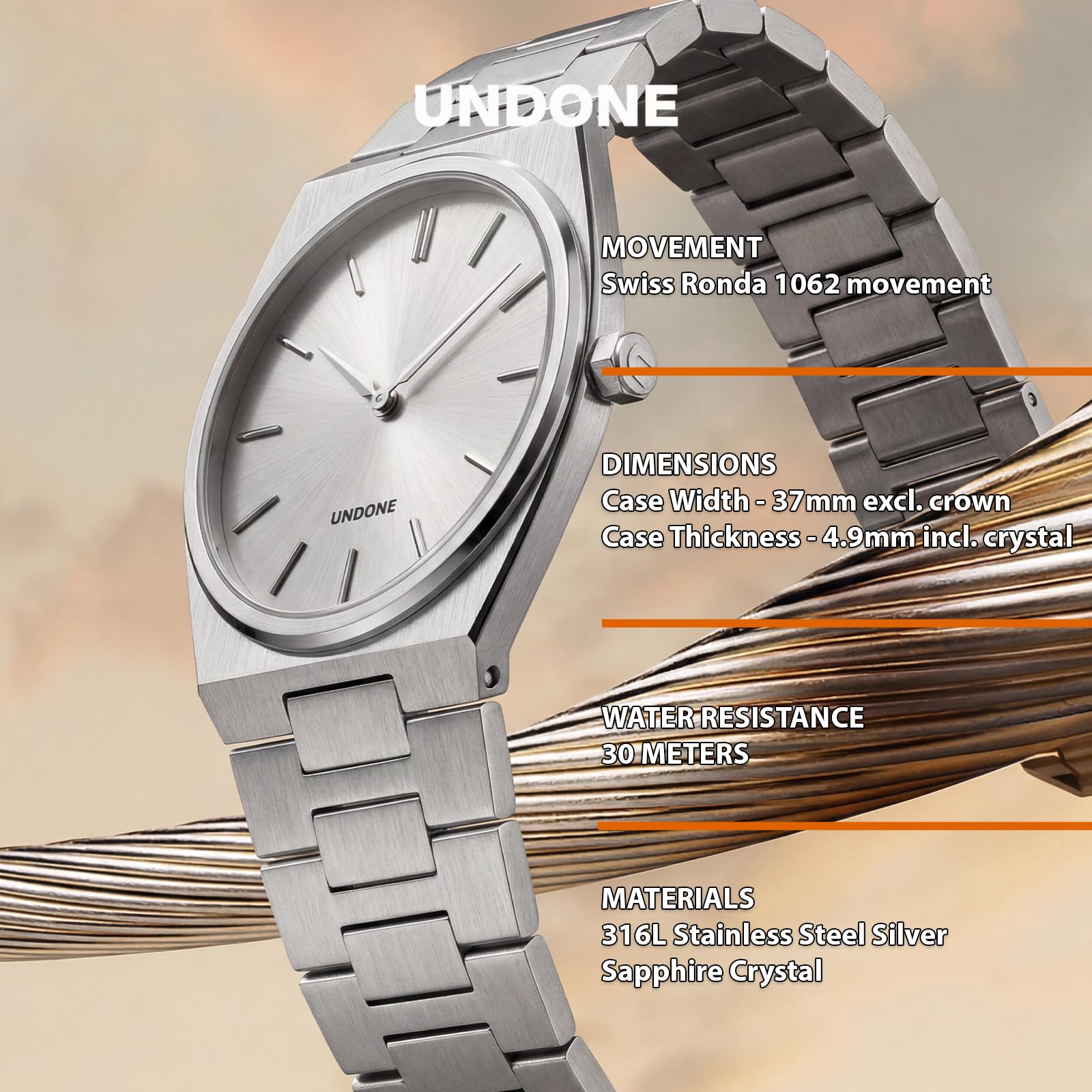 UNDONE Slim – Herrenuhr, Uhren für Herren – 37 mm Edelstahlgehäuse und Armband, Sunray Silver Zifferblatt, Schweizer Ronda 1062 Uhrwerk – Geschenk