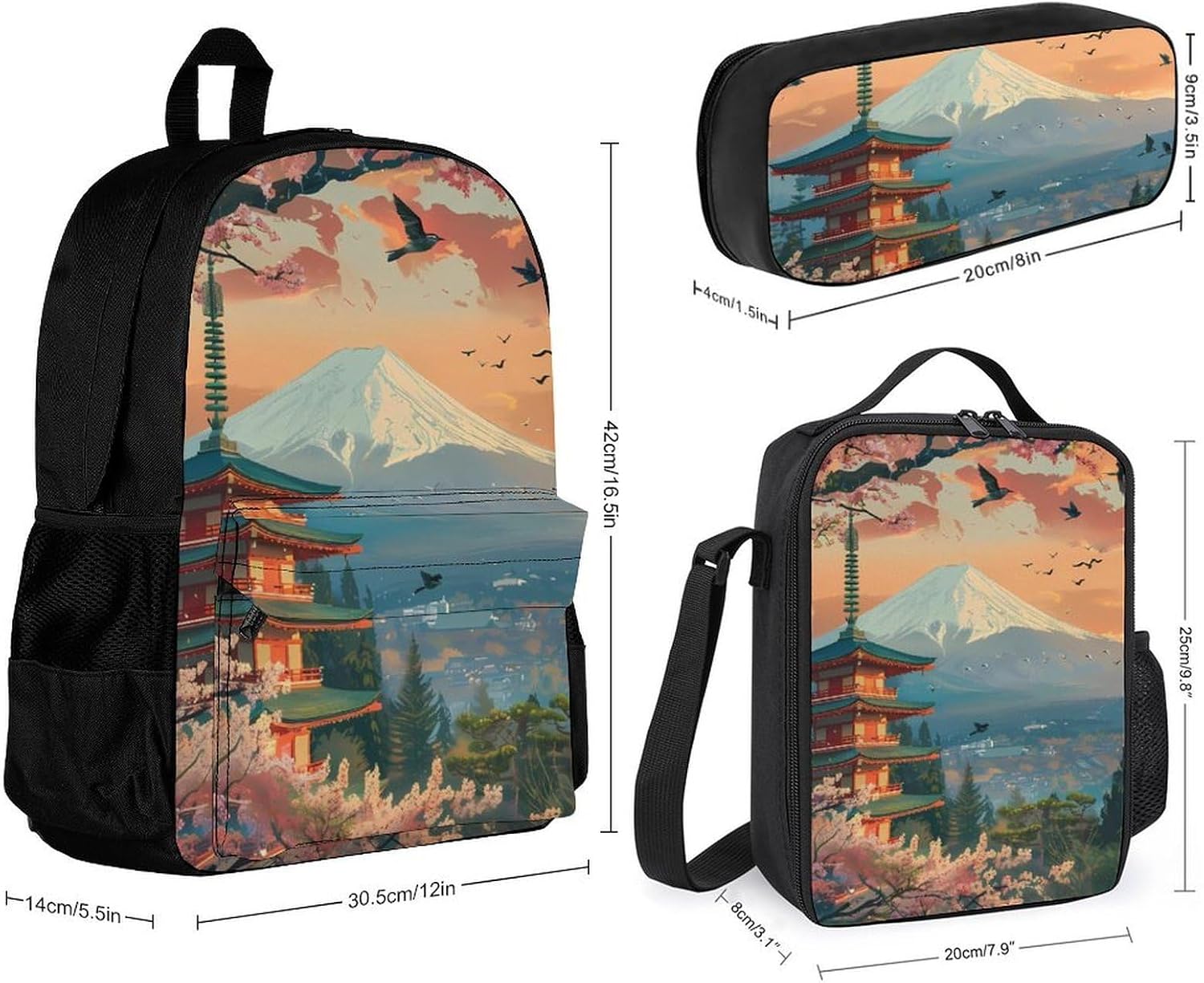 Japanese Temple on Mount Fuji Lake Cherryflower Backpack Set with Shoulder Bag Lunch Bag Pencil Case 3 Piece Cute Daypack Sets image 2