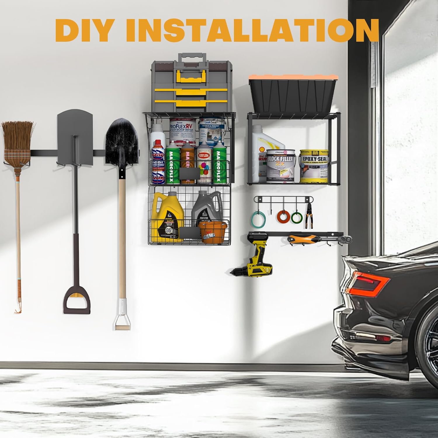 Garage Shelves Wall Mount with Wire baskets, 8-IN-1 Heavy Duty Garage Wall Shelving with Garden Tool Rack 2pack & 6pcs Hooks, Wire Shelf Baskets Tool Shelves for Home Garden Storage