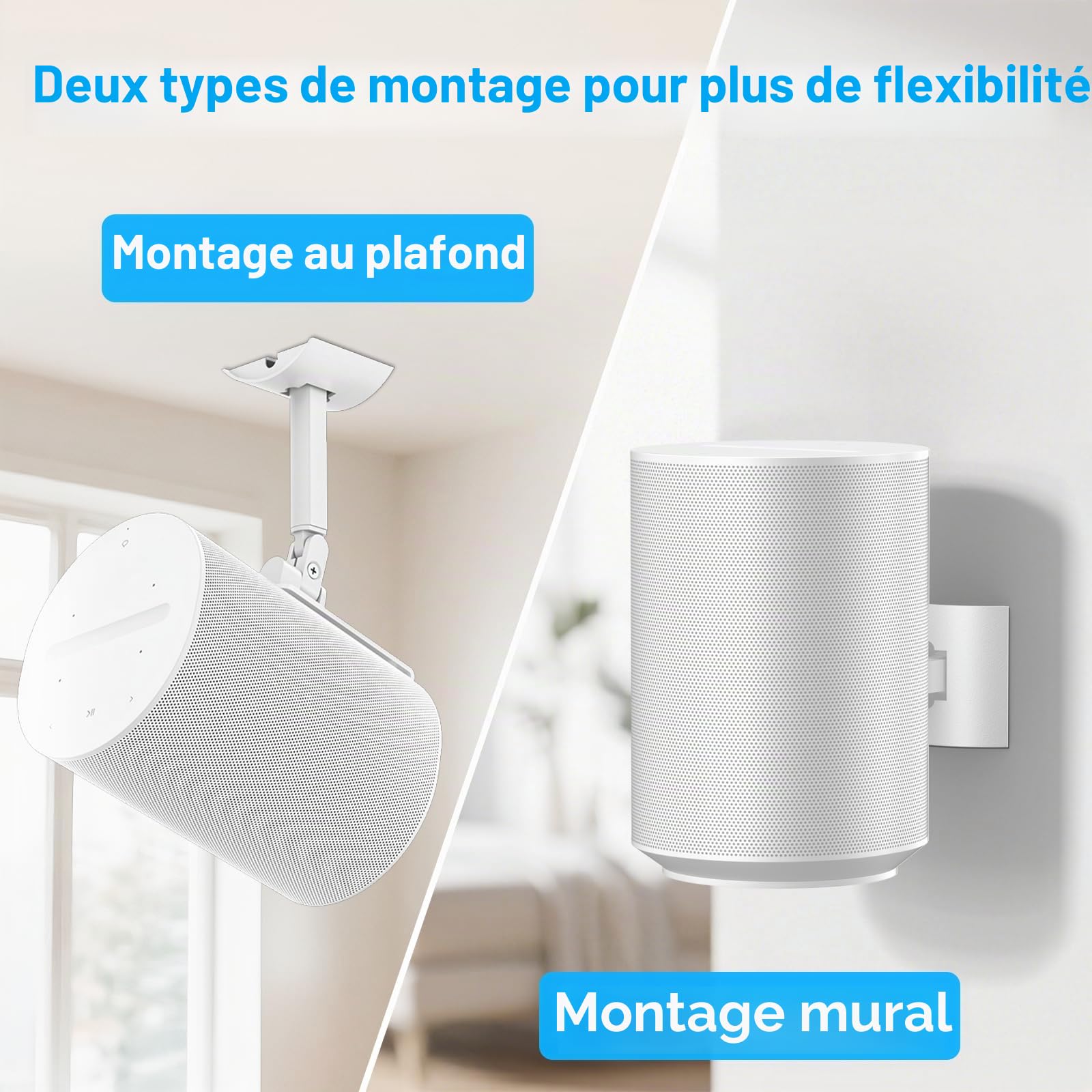 Lot de 2 supports muraux pour enceintes Sonos Era 100, montage au plafond ou support inclinable et pivotant et réglable pour montage mural Sonos Era 100, blanc, avec options de montage flexibles.