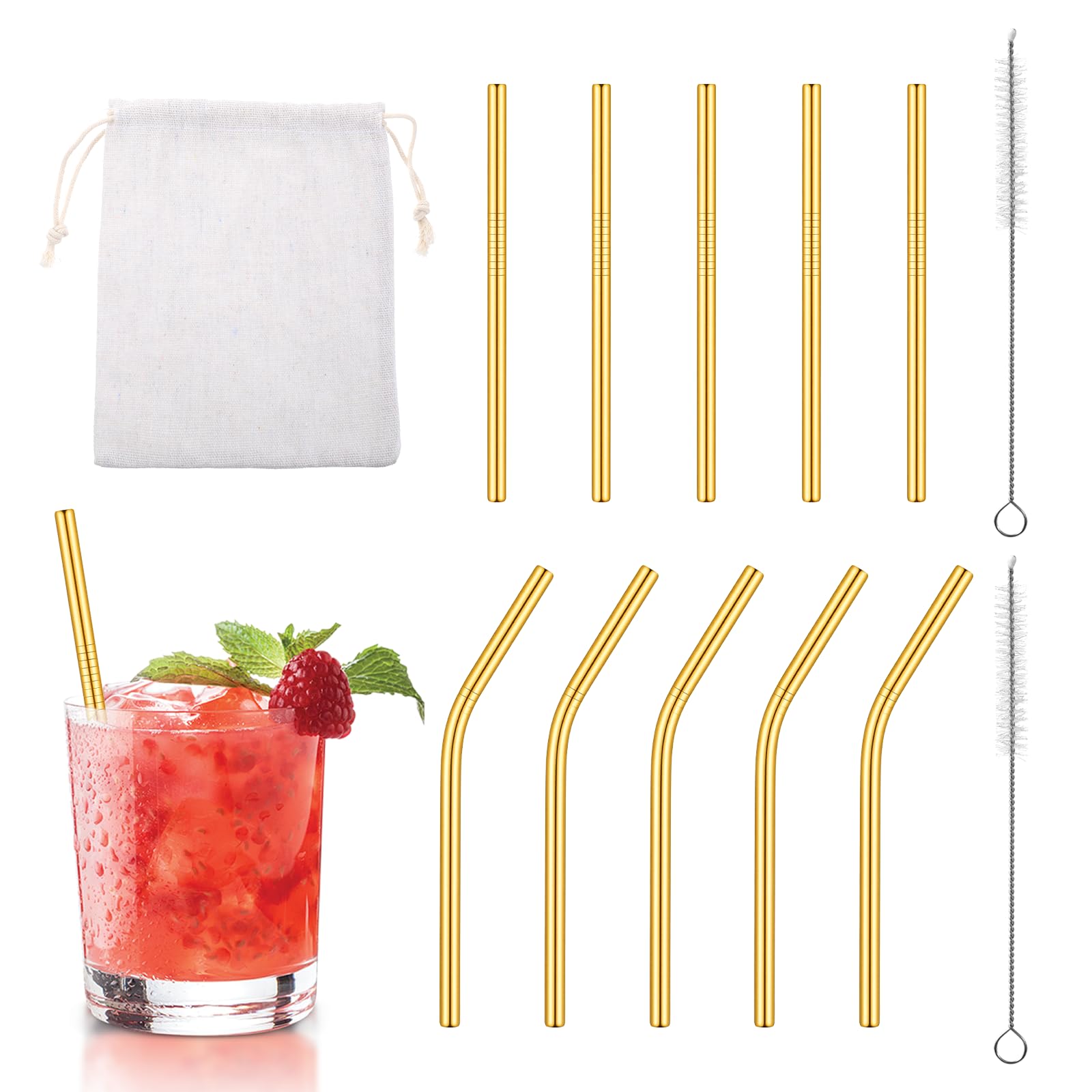 Photo 1 of 10 Pack Short Metal Straws Gold Metal Straws Reusable Stainless Steel Straw 5 Straight 5 Bent 5Inch Cocktails Straw with 2 Cleaning Brush for Coffee Mugs, Small Glasses or Cups