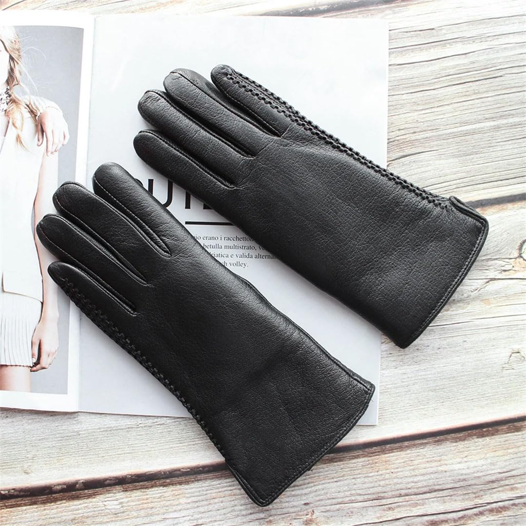 Gants d'hiver chauds en cuir véritable avec doublure épaisse en laine pour femme