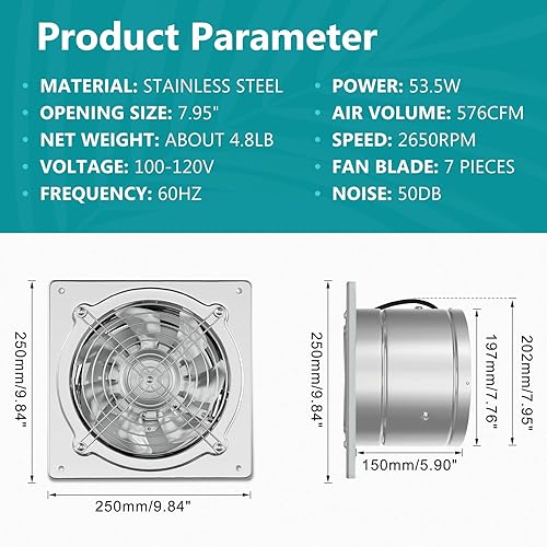 Miniatura 2 de HG Power Ventilador de escape de 8 pulgadas, ventilador de escape de cocina de acero inoxidable 576CFM, ventilador de ventilación de garaje montado