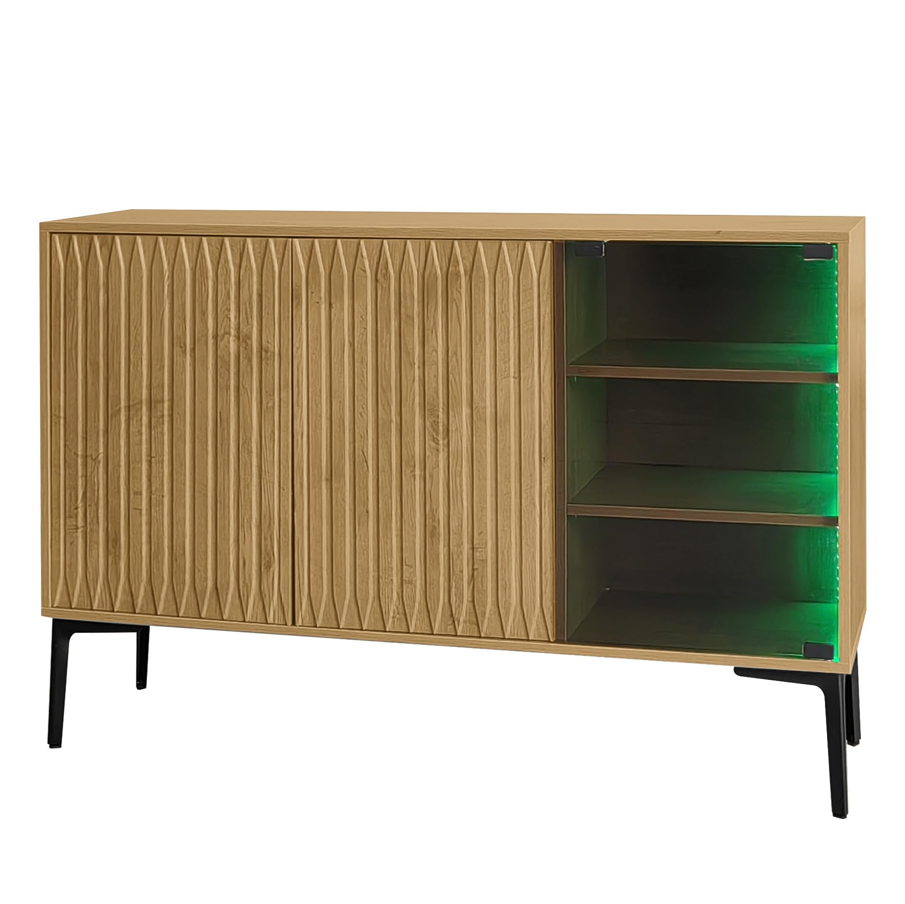 Aparador con Tira de Luz LED, Elegante Vitrina Retro con Puertas de Vidrio Transparente Curry, Aparador Estilo Campestre, Mueble de Cocina Comedor, 120 x 35 x 57 cm, Mueble de Salón