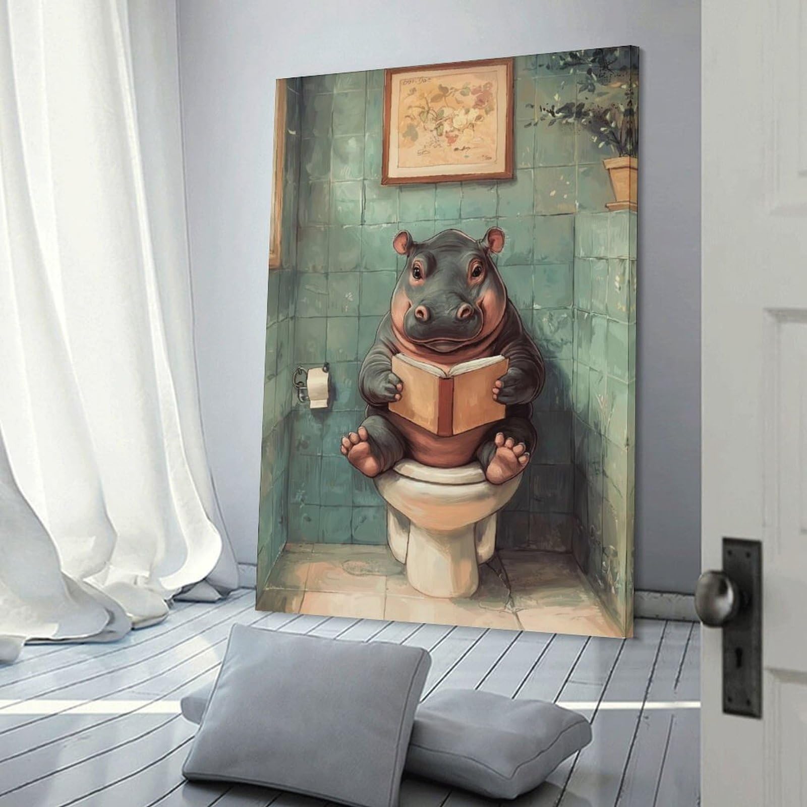Junmoney Hippopotamus Reading on Toilet Canvas Art Print, 24x36inch(60x90cm), for Bedroom Decor, Cosy Corners Or Studios, A Warm Accent for Relaxed Interiors