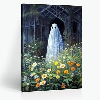 WCLXISC Poster fantôme mignon gothique botanique fantôme dans une serre - Décoration murale - Sorcière sombre - Art cottagecore d'Halloween - Toile vintage - Peinture florale - Affiche pour salle à