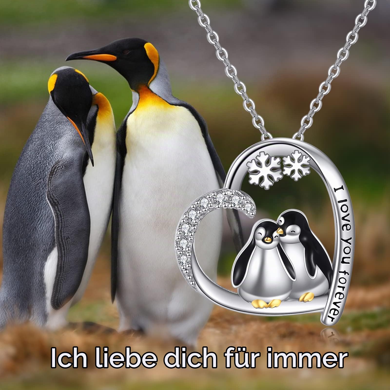 POPLYKE Herz Zwei Pinguin Halskette für Damen 925 Sterling Silber Highland Kuh Schmuck Schwester Freund Mama Tochter Pinguin Geschenke für Damen Geburtstag